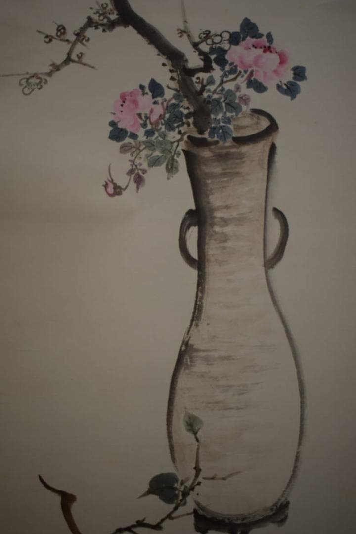 真作/天来/花瓶/白梅/柿/画賛/布袋屋掛軸HI-879