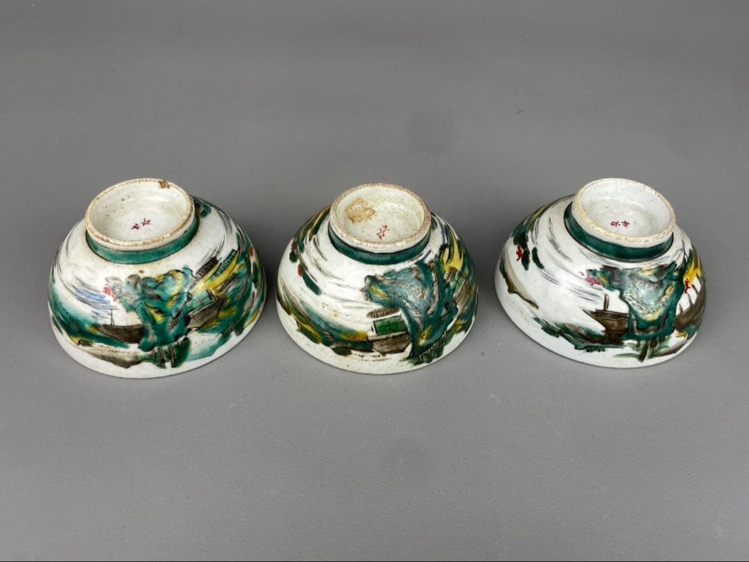 江戸期 古九谷 急須 湯呑み 3客 山水図 九谷焼 時代物 陶器 色絵 茶道具