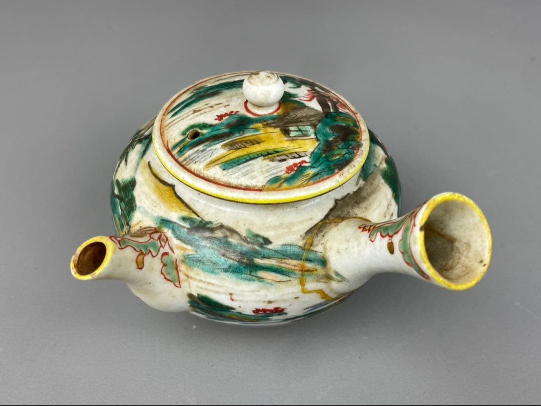 江戸期 古九谷 急須 湯呑み 3客 山水図 九谷焼 時代物 陶器 色絵 茶道具