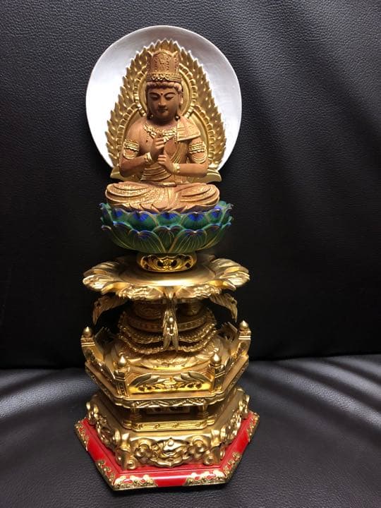 総鈖溜　佛白檀　仏像 木彫り　組み立て式　ケマン付き金泥書　大日　仏教　仏壇