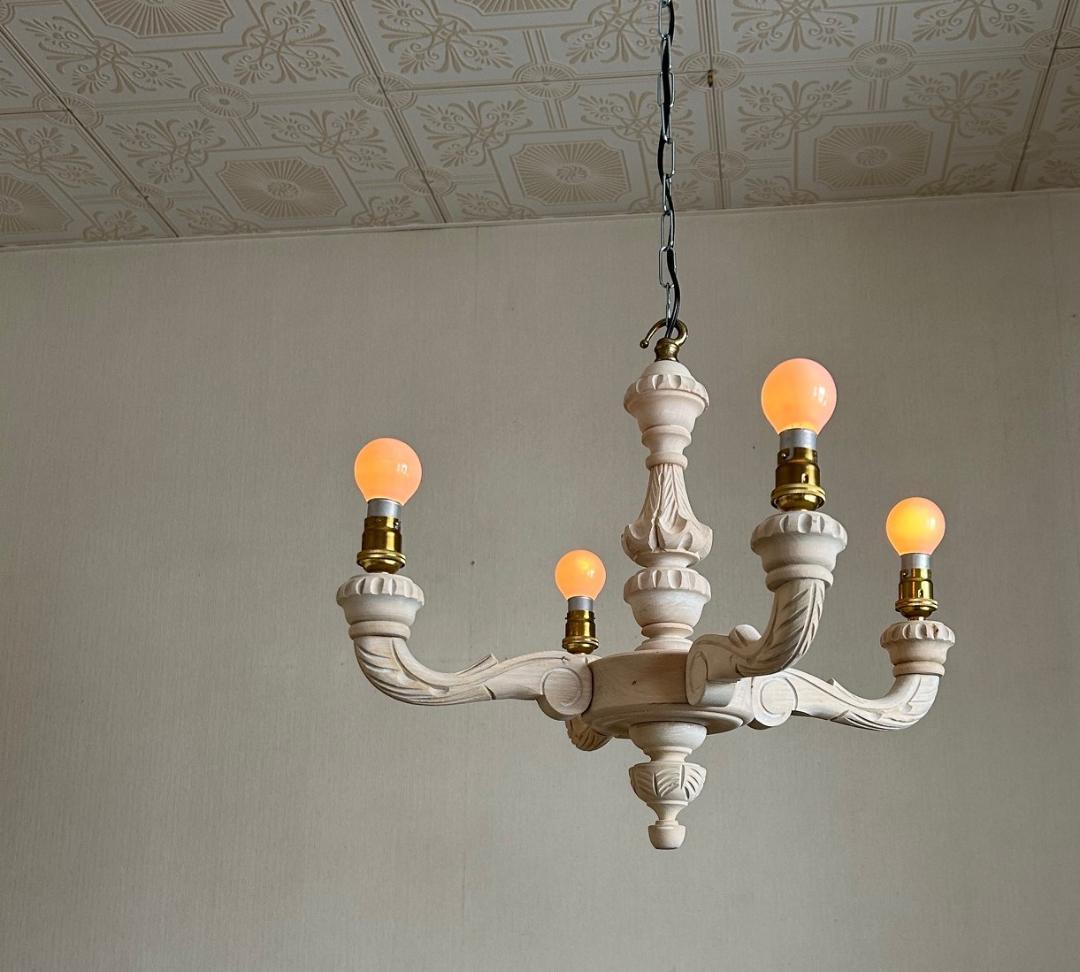 フランスアンティーク　木製シャンデリア　４灯　シャビー　店舗什器