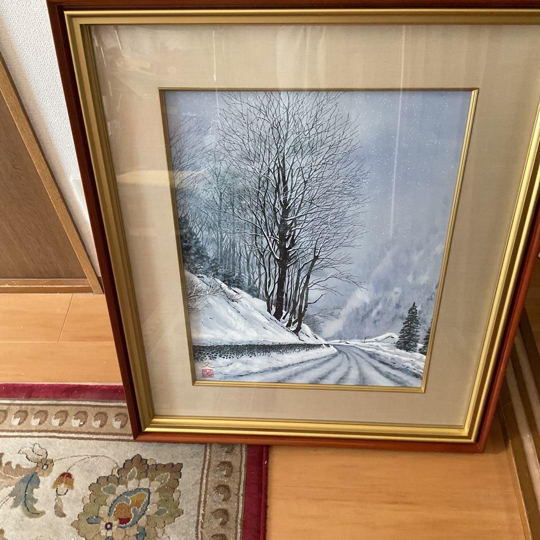 模写 加山又造 日本画【風景画 冬 】 額装 共シール タトウ箱付