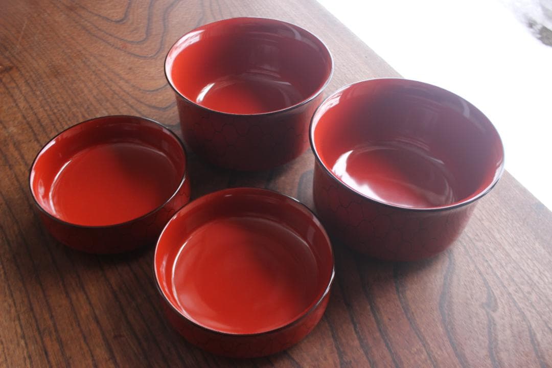 デッドストック！上質朱漆に風情ある網目文の映える筒形大椀2点（検京塗煮物椀