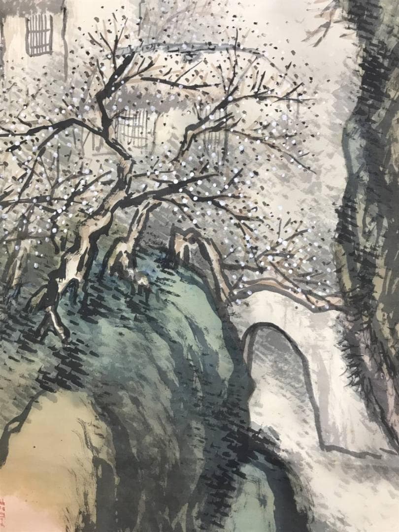 真作/泥谷文景/梅屋山渓図/梅花図/春景図/幽居図/掛軸/名家伝来/AE-11