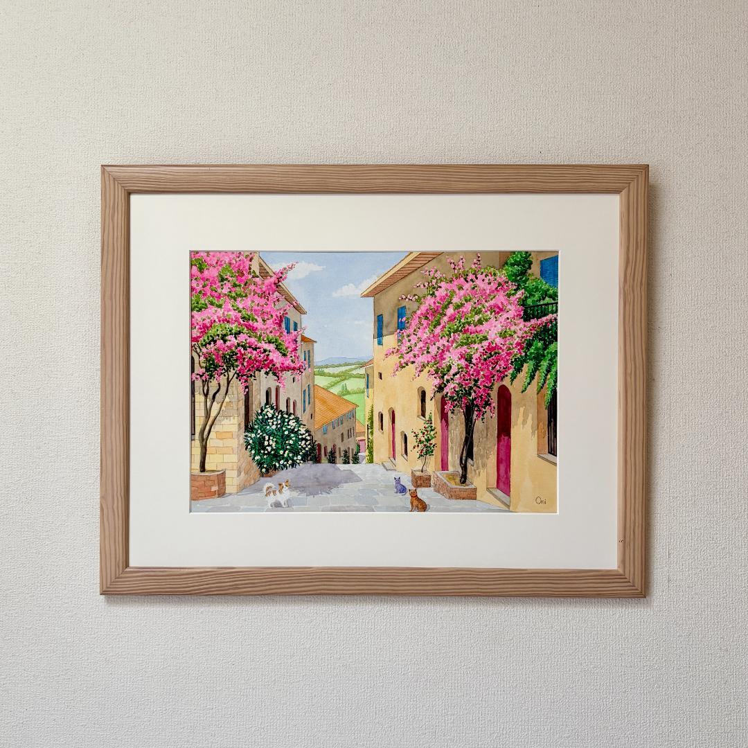 透明水彩画　原画　「花の咲く路地08」額縁付　B3サイズ　風景画