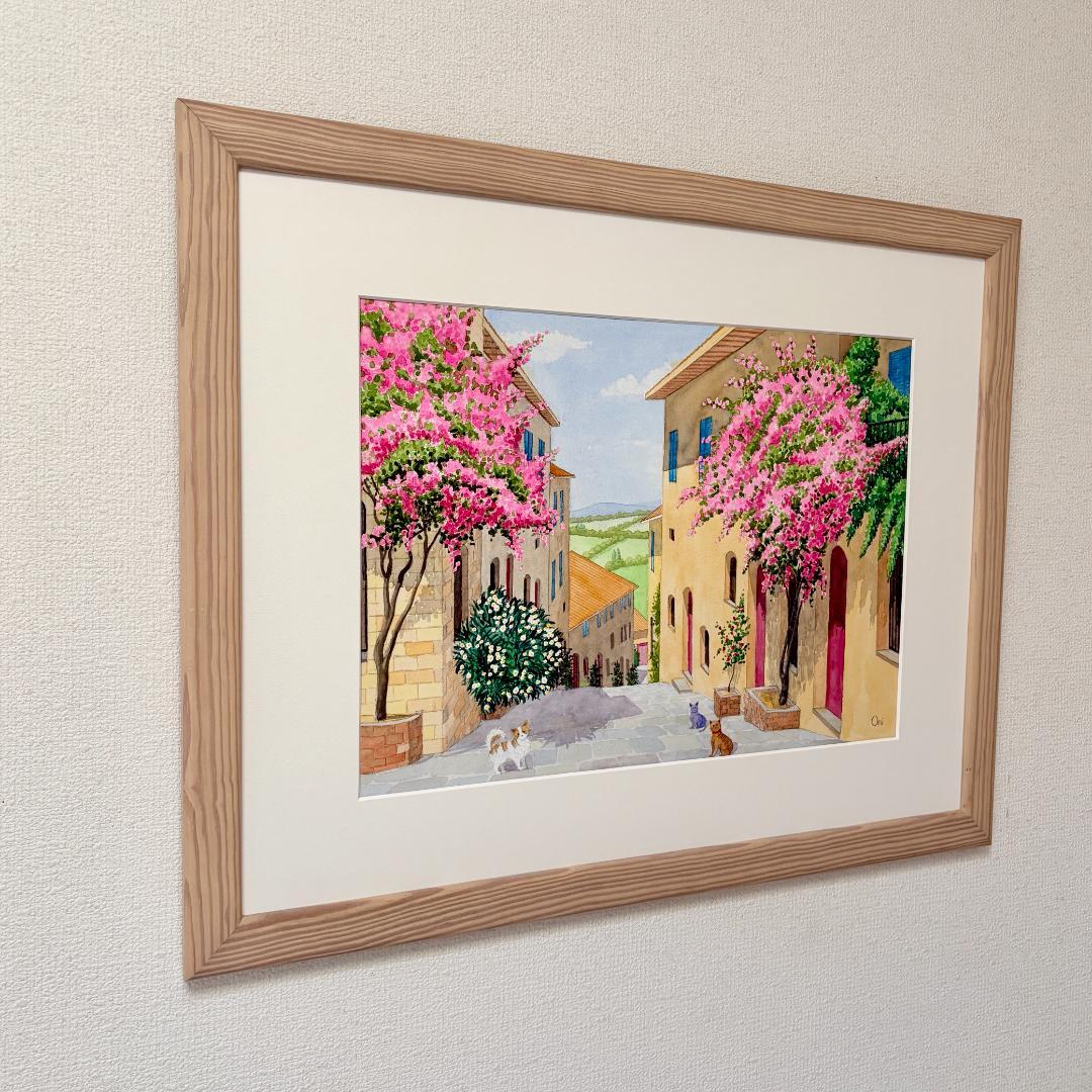 透明水彩画　原画　「花の咲く路地08」額縁付　B3サイズ　風景画