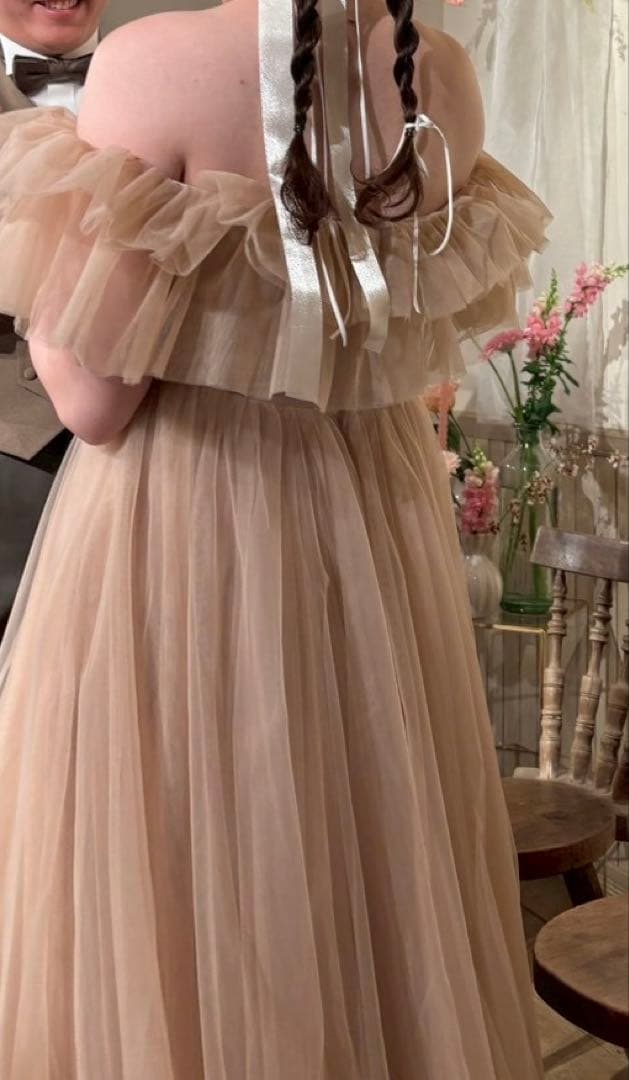 よ*ゅ様 ドレスプロダクション　フリルオフショルダーチュールドレス　ピンクブラウ