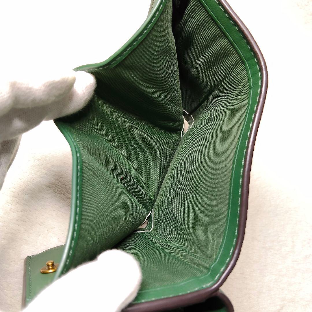 美品 COACH コーチ グリーン 折り財布 レザー ミニ トライフォールド