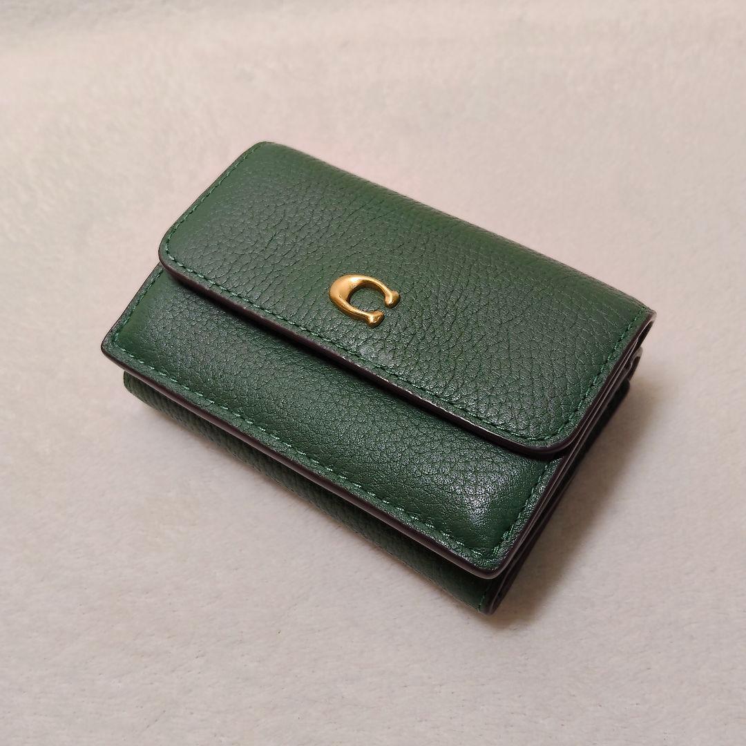 美品 COACH コーチ グリーン 折り財布 レザー ミニ トライフォールド