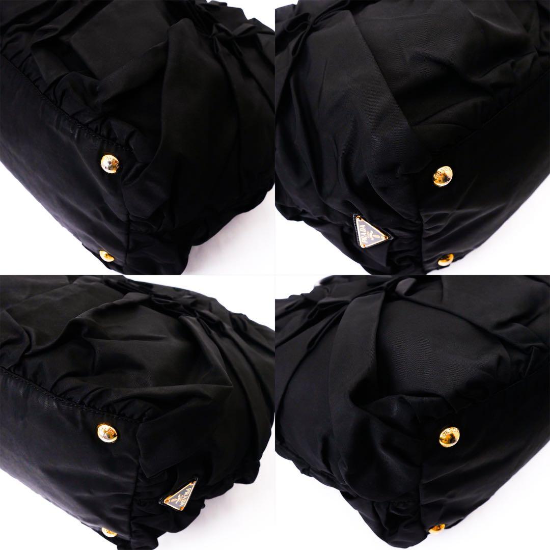 超美品 PRADA プラダ ブラック ナイロン レザー ハンドバッグ ギャザー