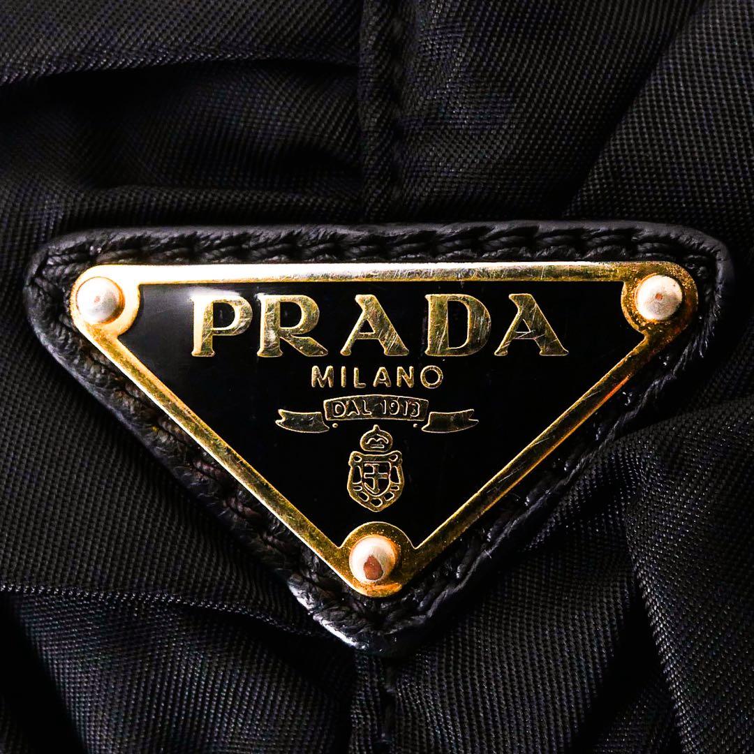 超美品 PRADA プラダ ブラック ナイロン レザー ハンドバッグ ギャザー