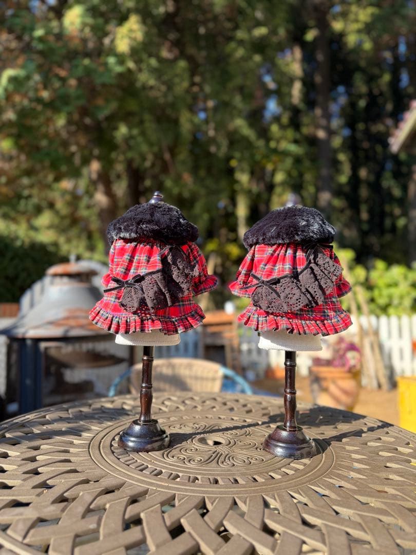 ワンピース　チェック　フリル　ファーリボン　かわいい　撮影会　犬服