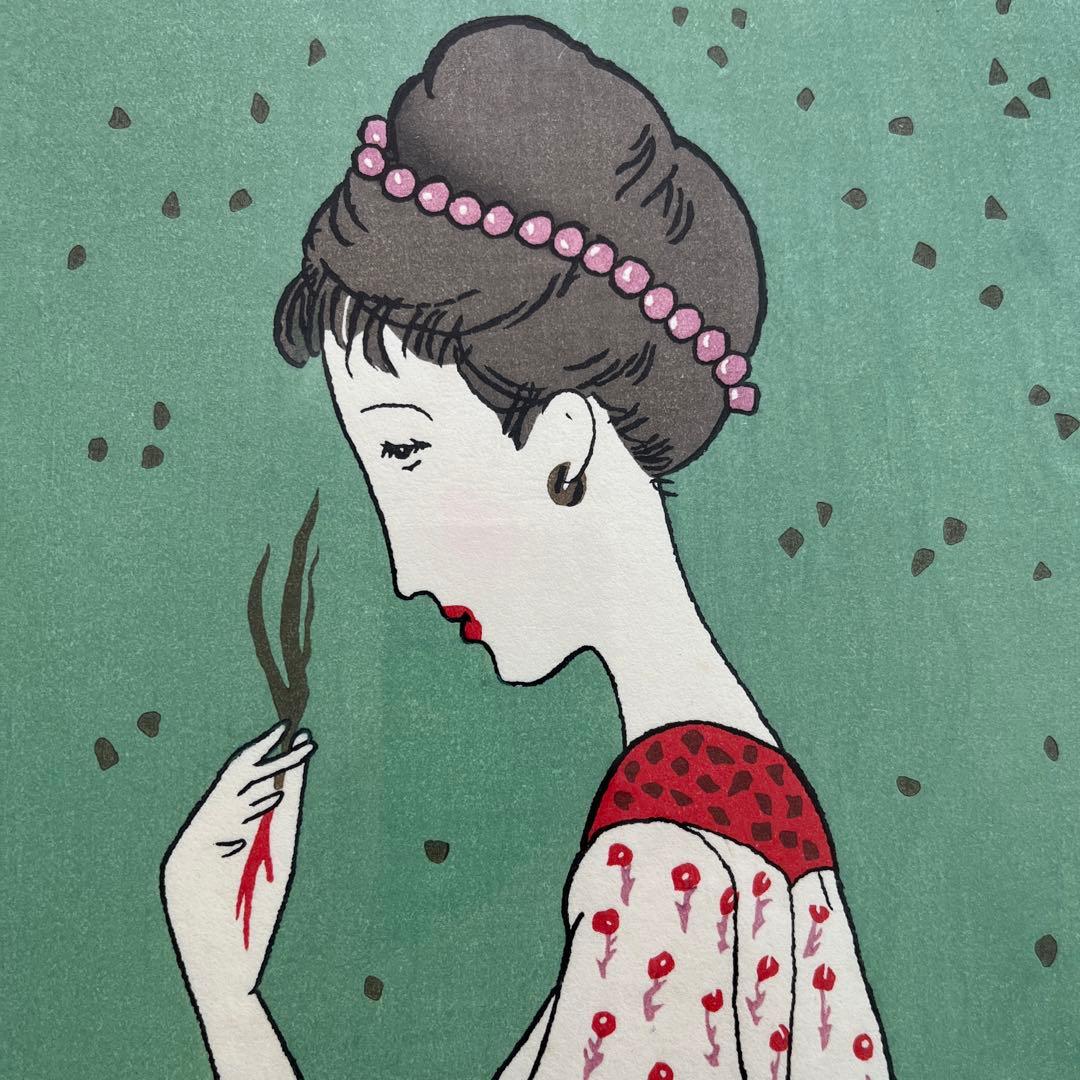 ⭕️竹久夢二　[若草の少女] 木版画　版元　港屋　未展示の美品　褪色無し