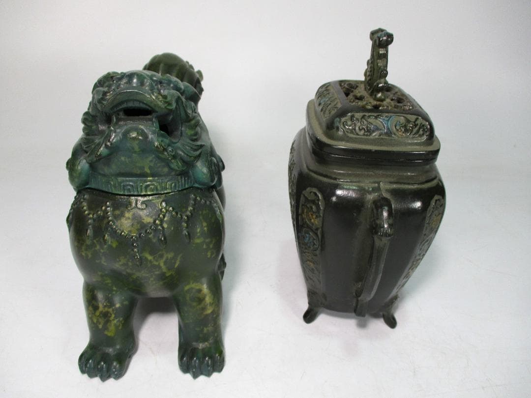 白銅 香炉 計２点 獅子型 正晴 作 ４足耳付 香道具 中国美術