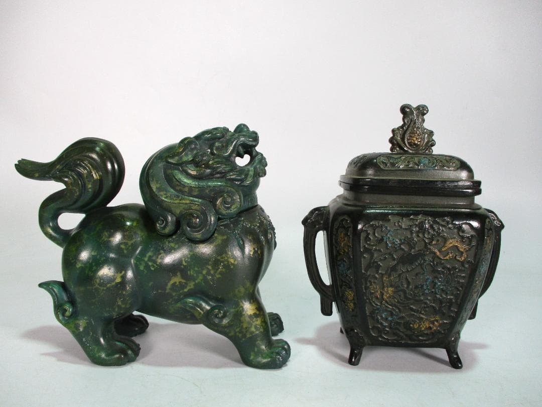 白銅 香炉 計２点 獅子型 正晴 作 ４足耳付 香道具 中国美術