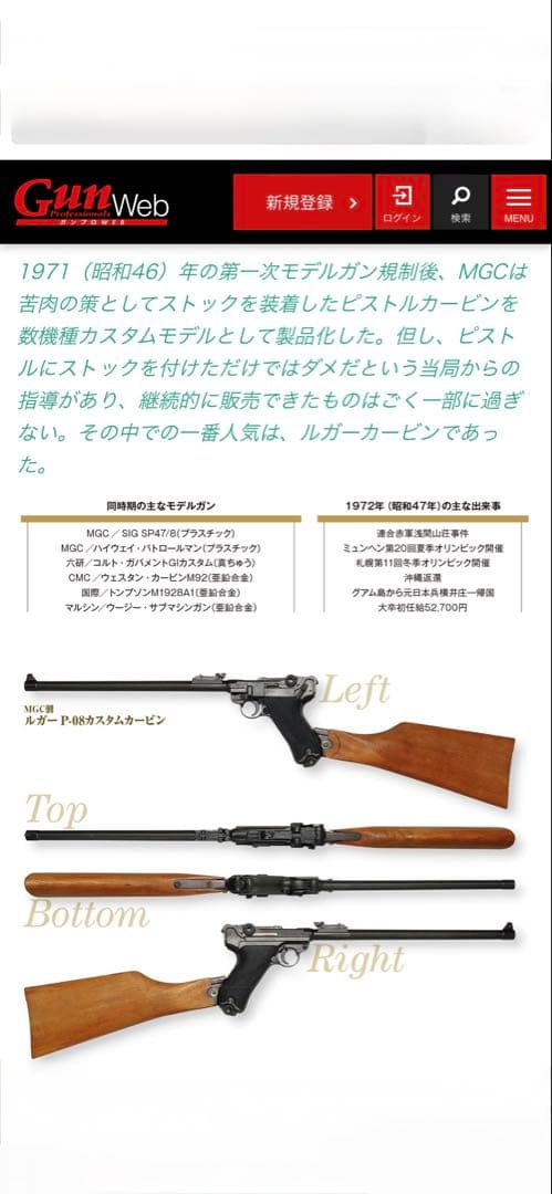 ルガーP-０８　12インチカービン　金属製黒色モデルガン　MGC