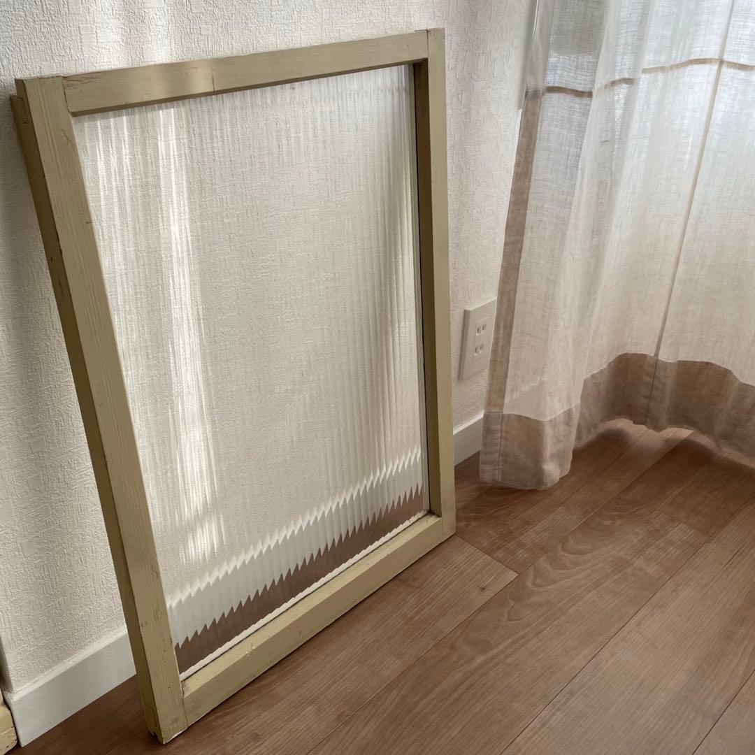 波板ガラス 窓枠 木製 建具 モールガラス 滑車付 2色 古道具 レトロ
