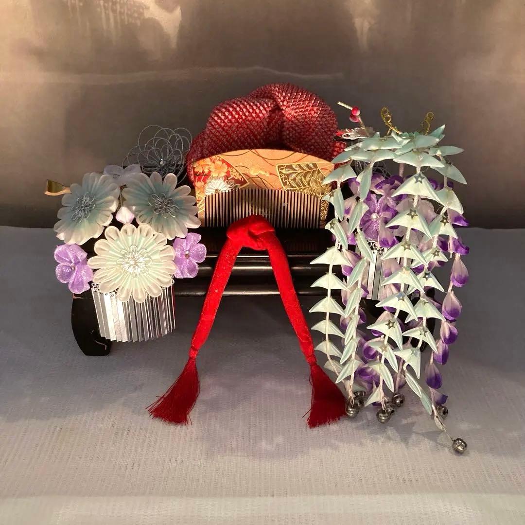 美しアンティーク　藤下がり　花簪　櫛平打ち簪　Uピン水引簪　選べる鹿の子ちんころ