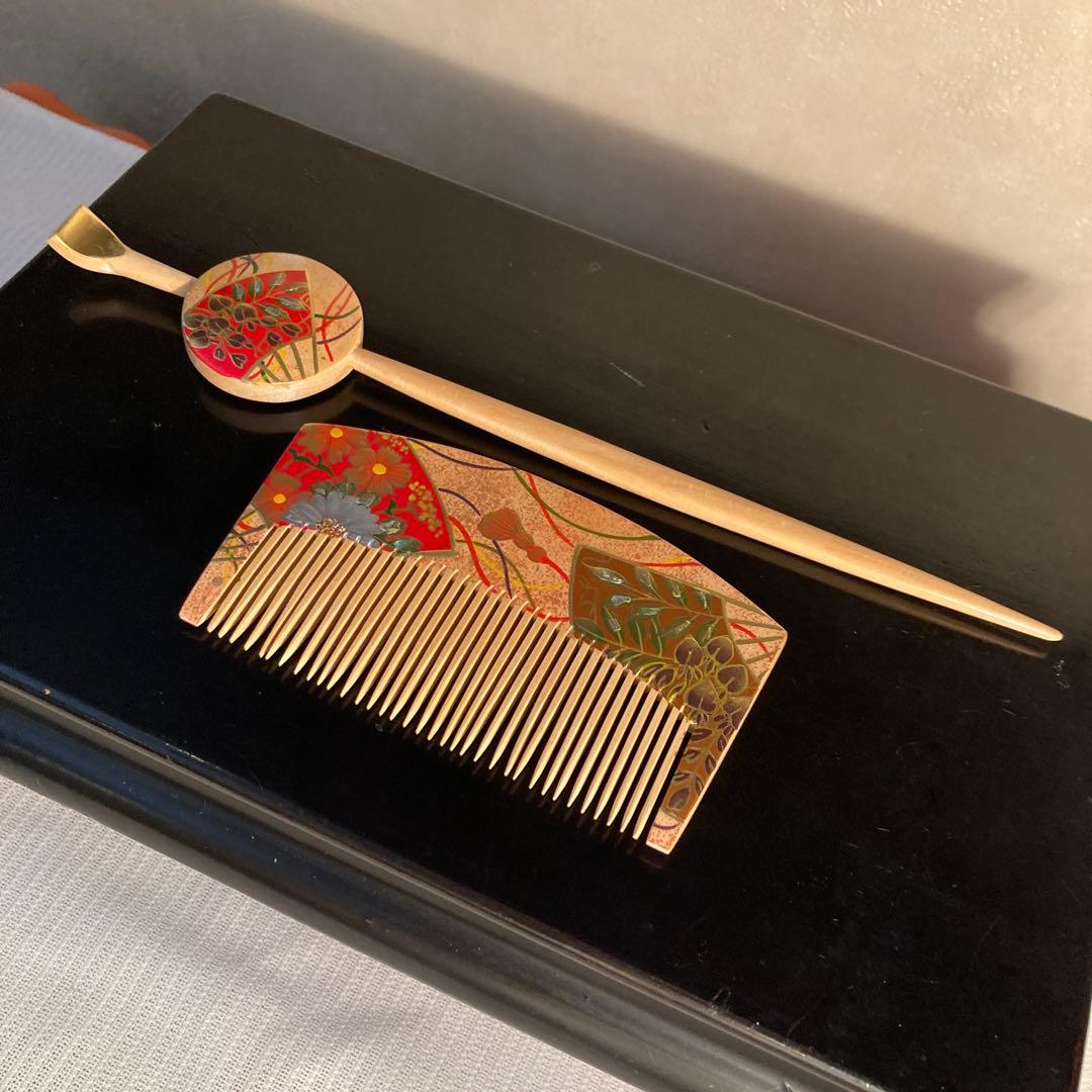 美しアンティーク　藤下がり　花簪　櫛平打ち簪　Uピン水引簪　選べる鹿の子ちんころ