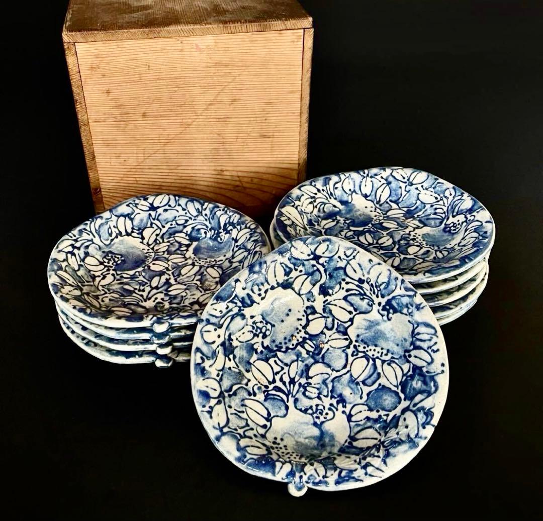 【珍品】古伊万里 染付 線描 三足 桃形 銘々皿 十客 木箱（YR）