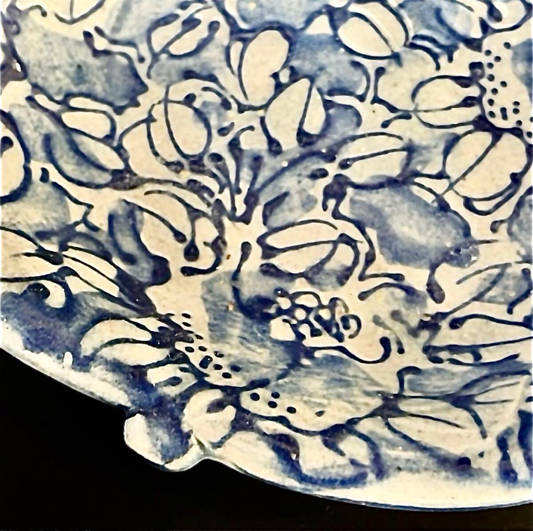 【珍品】古伊万里 染付 線描 三足 桃形 銘々皿 十客 木箱（YR）