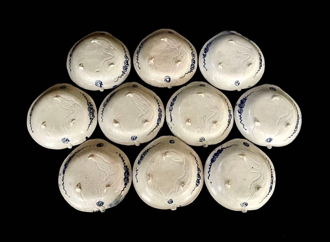 【珍品】古伊万里 染付 線描 三足 桃形 銘々皿 十客 木箱（YR）