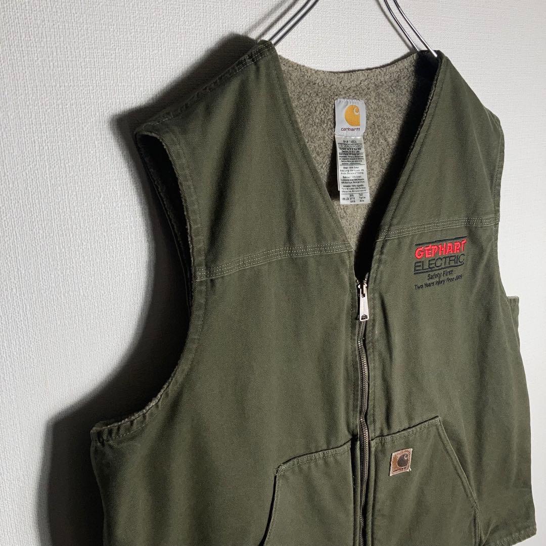 【2XLサイズ】Carhartt フルジップベスト 革ロゴ 企業ロゴ LOV.