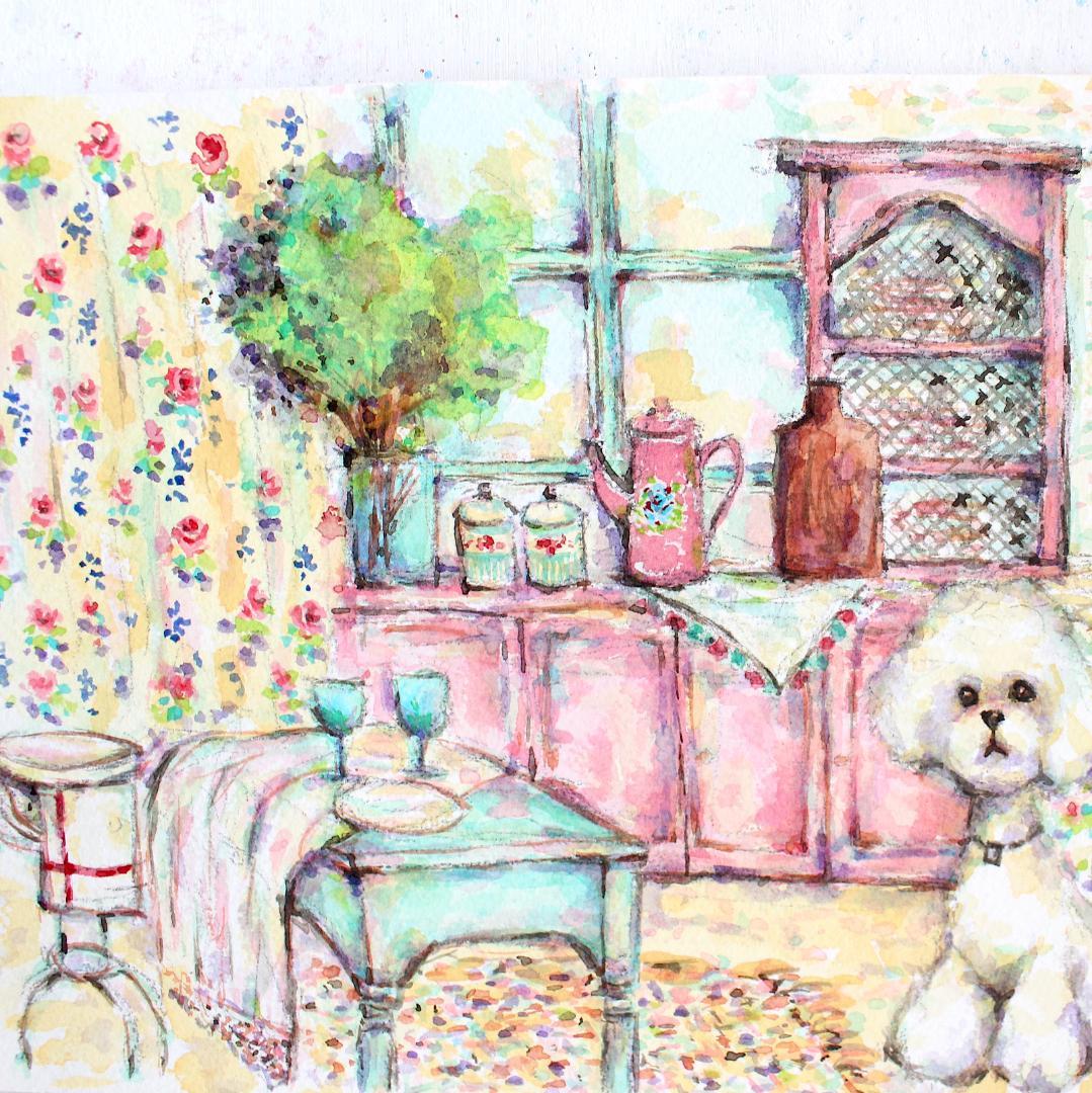 「プードルホワイトとキッチン フレンチカントリー」水彩画 原画B5相当