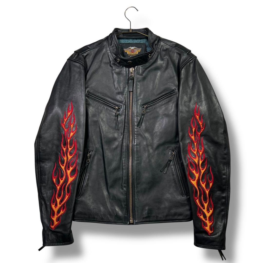 極美品 ハーレーダビッドソン レザージャケット XL ファイヤーパターン 刺繍