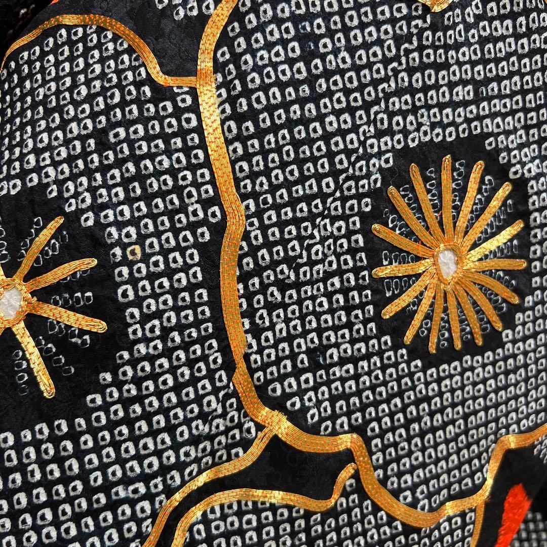 377 振袖フルセット 正絹 黒 朱赤 絞り ツートーン バイカラー 梅 駒刺繍