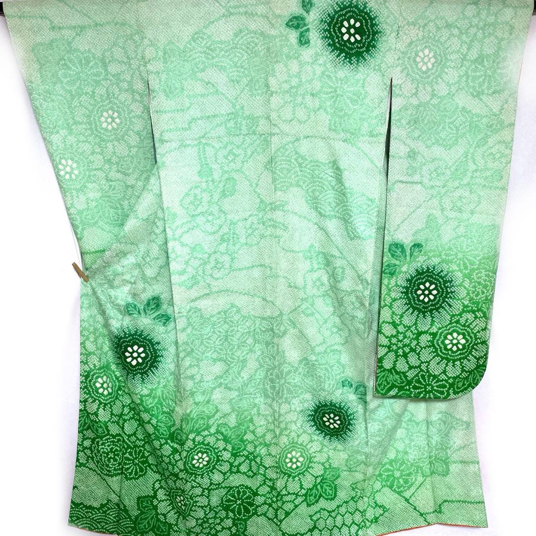 4k2289 振袖　正絹　袷　藤娘きぬたや　総絞り　緑　白　花柄　和装