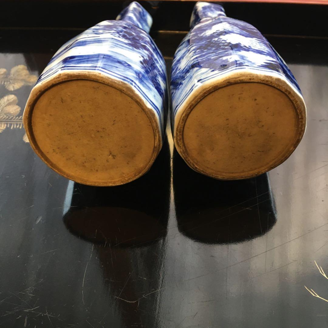 京焼　染付山水図　徳利　楽亭造　白に藍色　「江戸後期」酒器　金継