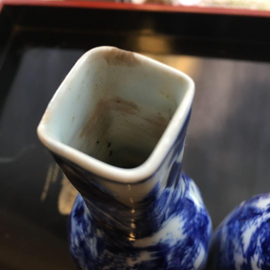 京焼　染付山水図　徳利　楽亭造　白に藍色　「江戸後期」酒器　金継