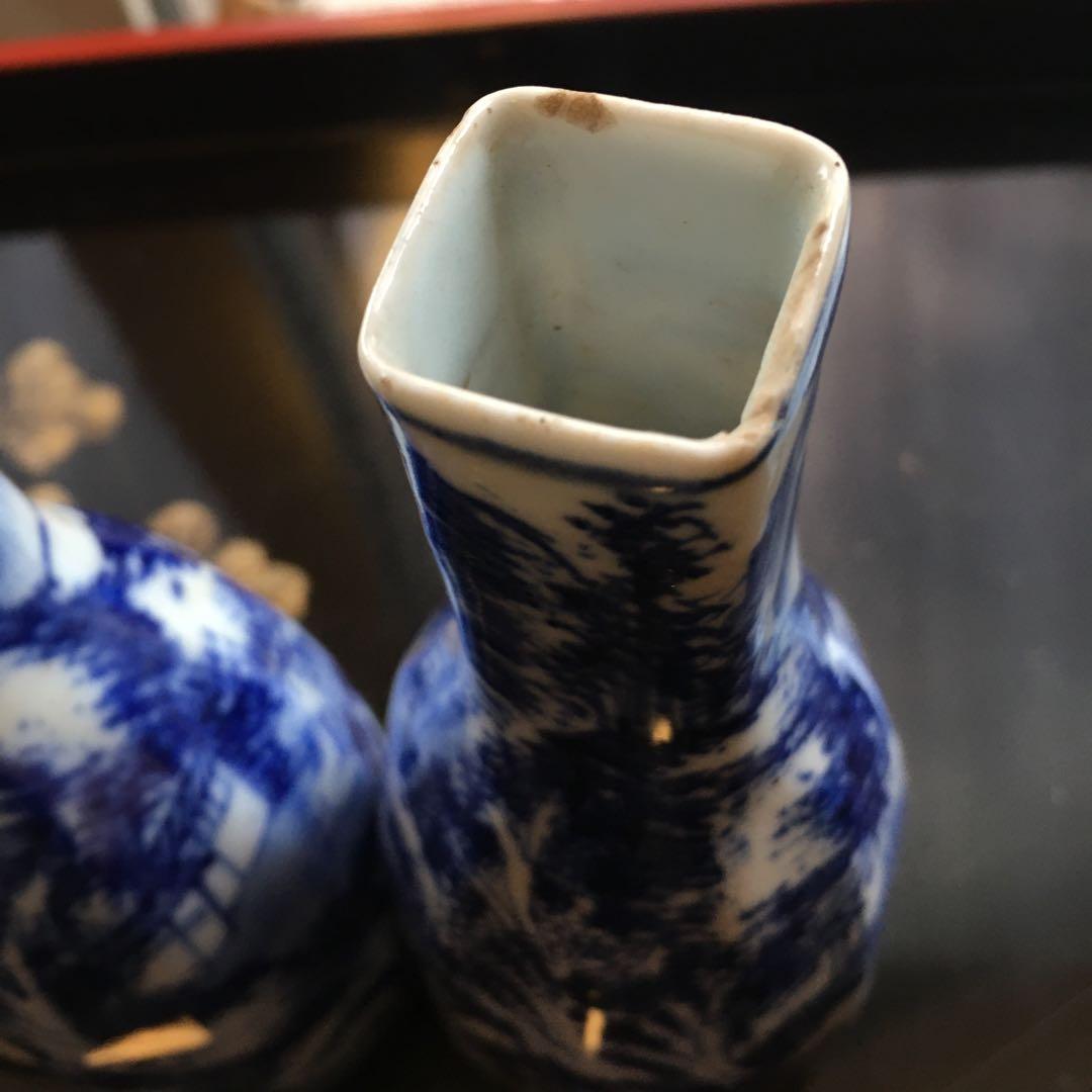 京焼　染付山水図　徳利　楽亭造　白に藍色　「江戸後期」酒器　金継