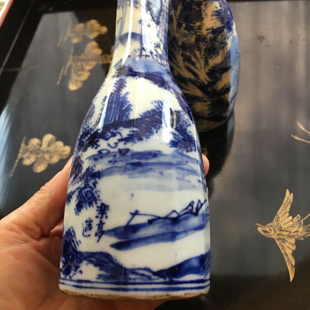 京焼　染付山水図　徳利　楽亭造　白に藍色　「江戸後期」酒器　金継