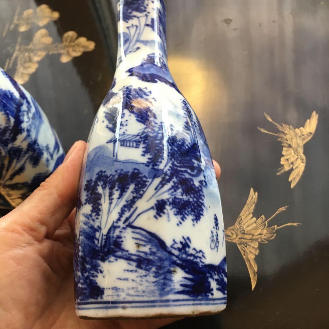 京焼　染付山水図　徳利　楽亭造　白に藍色　「江戸後期」酒器　金継