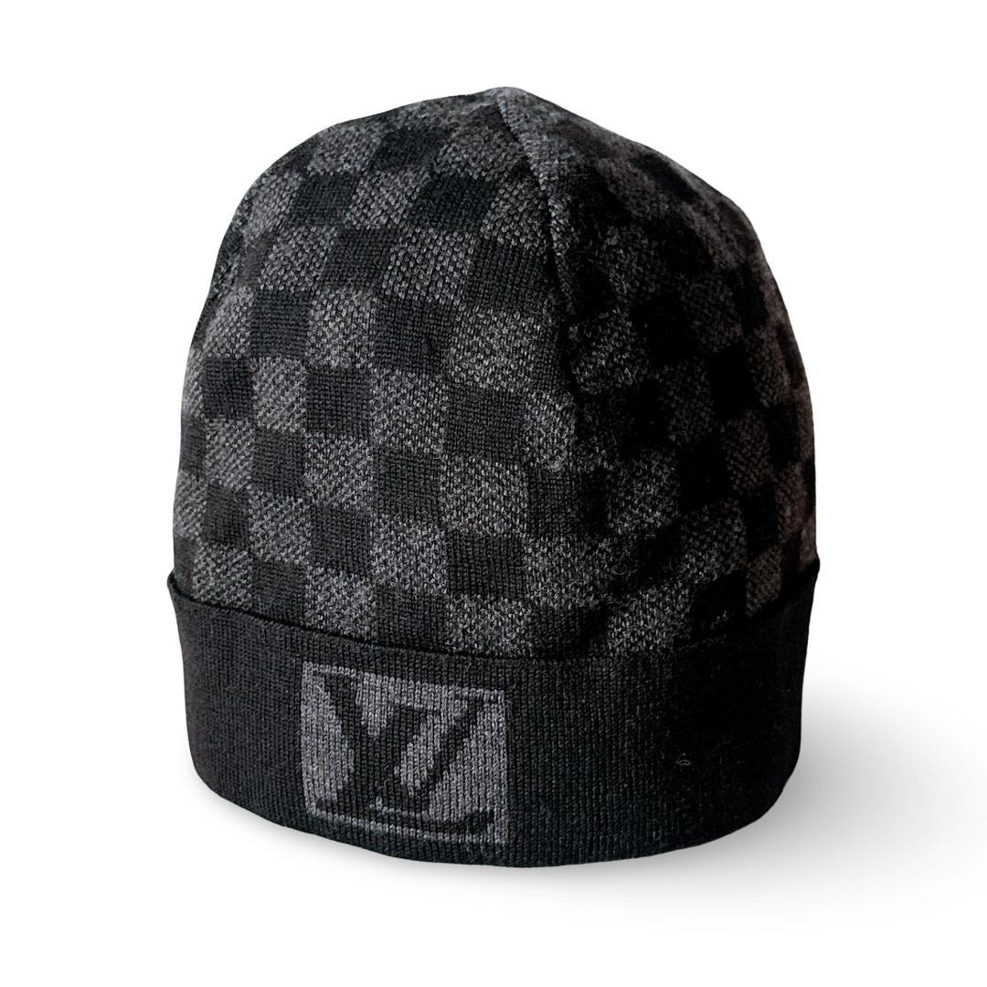 【美品】ルイヴィトン ダミエ柄 LVロゴ ニットキャップ 黒 男女兼用