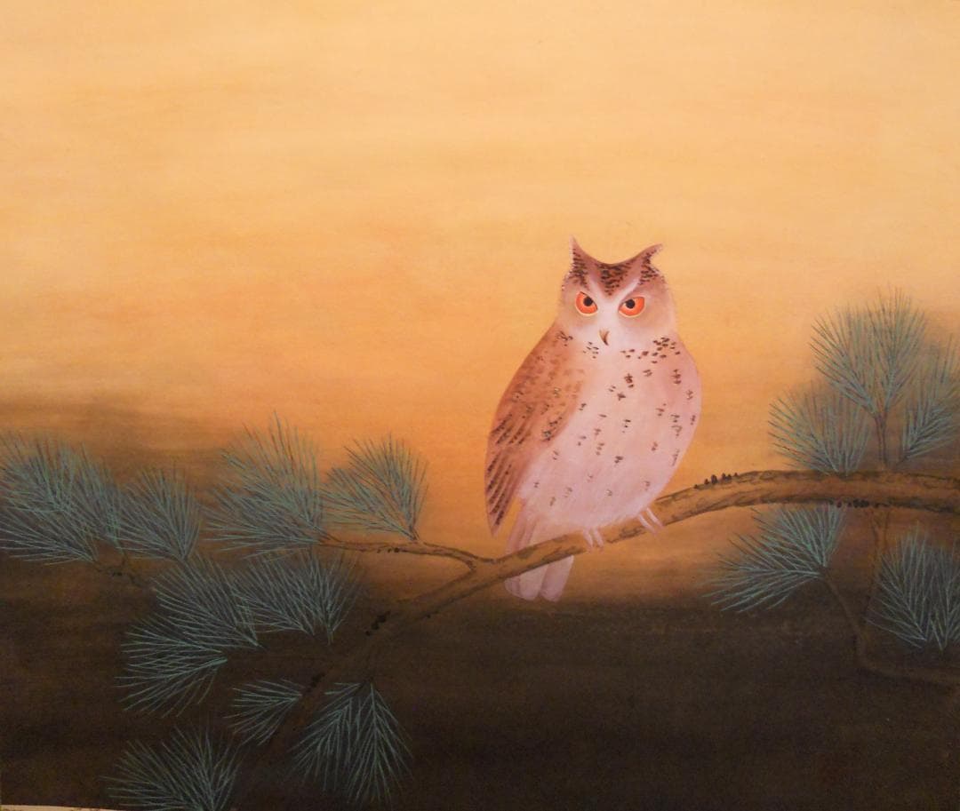 掛け軸 岡田典正 木菟 ミミズク 紙本 希少 軸装 茶道具 掛軸 美品 です。