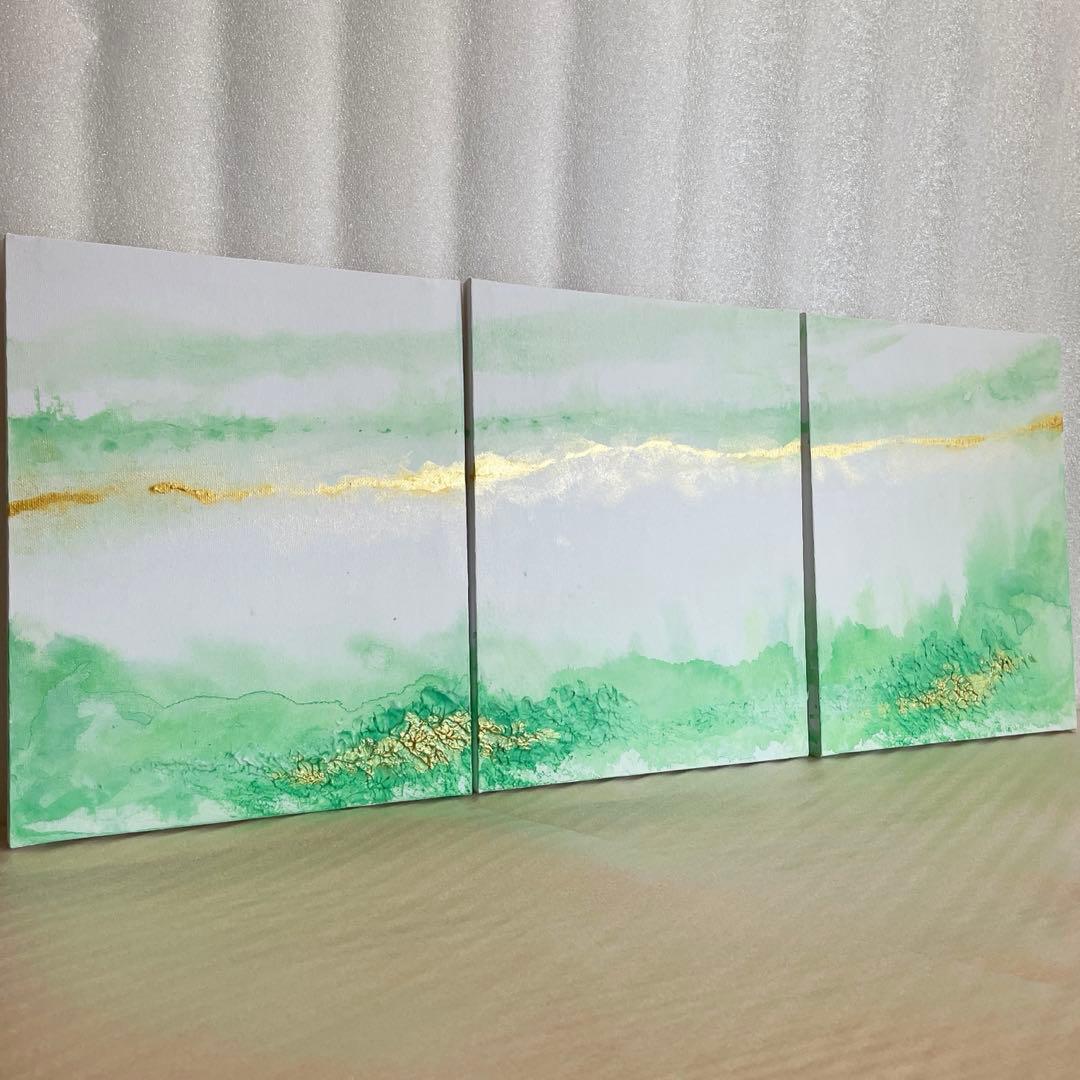 緑の抽象画｜現代アート　絵画　インテリア　ナチュラル　アートパネル　金　壁掛け