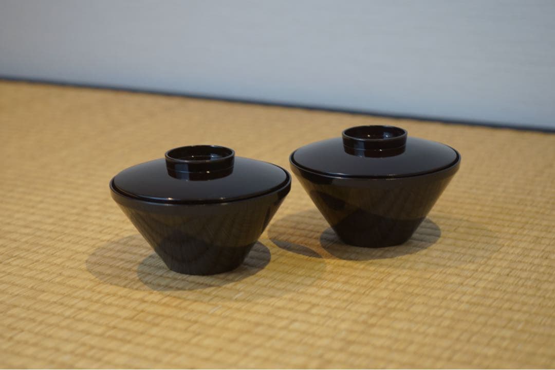 梅花松葉蒔絵・沈金風金円文(竹線刻) 黒漆吸物椀 2客/輪島塗 木製漆器 茶懐石