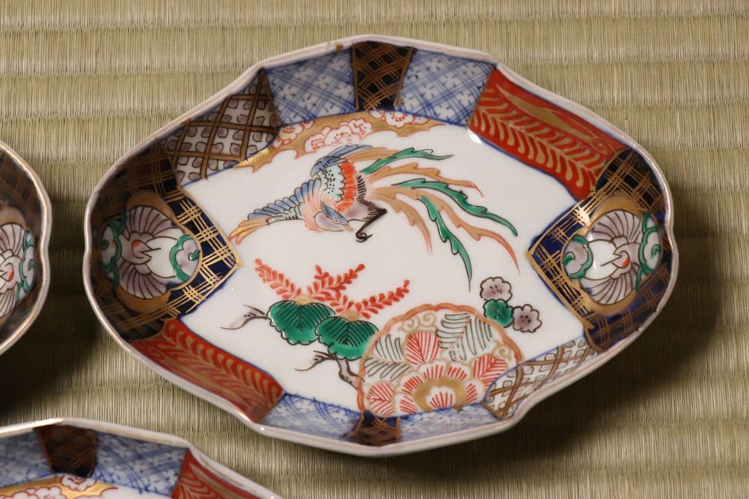 【CM52】古伊万里 桐鳳凰図 変形 刺身皿 五客 鶴 金彩 錦手 菱形 向付