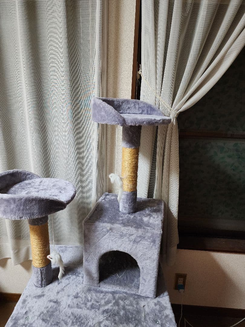 グレー 据え置き型キャットタワー ハンモック付き