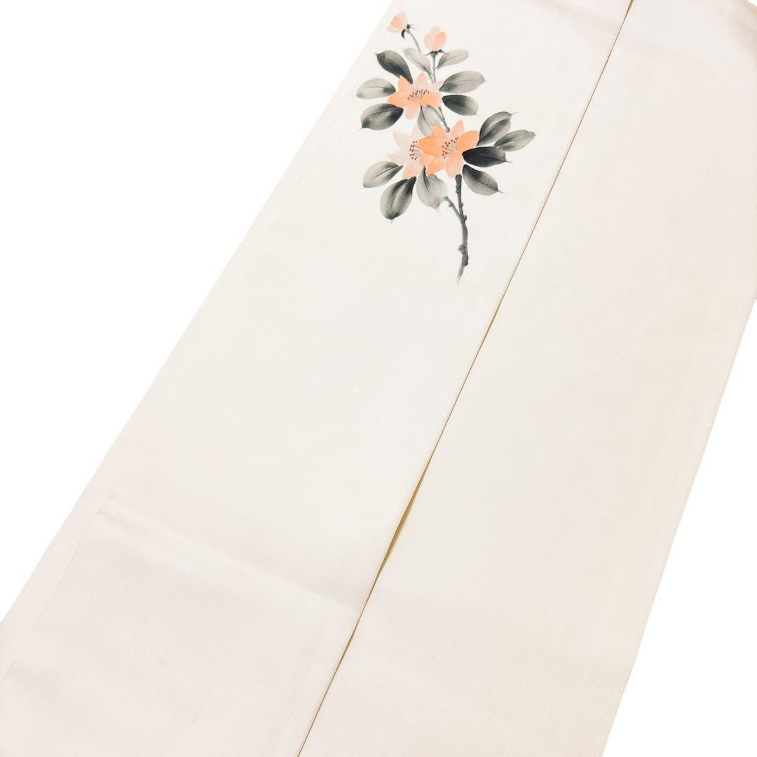 A 98未使用名古屋帯 塩瀬　9寸　雀と椿模様正絹 着物帯美品