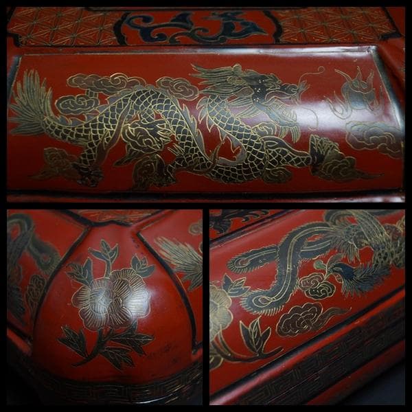 清 木製彫填漆塗 細工彫り『龍鳳凰文』金彩蒔絵 面取喰籠 蓋物 菓子器 /茶道具
