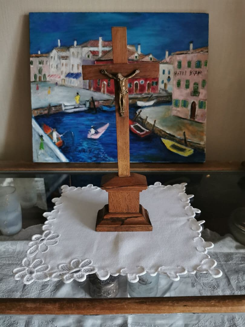 アンティークフランス 花びらチュールの西洋菊 スカラップ白糸刺繍 ハンカチクロス