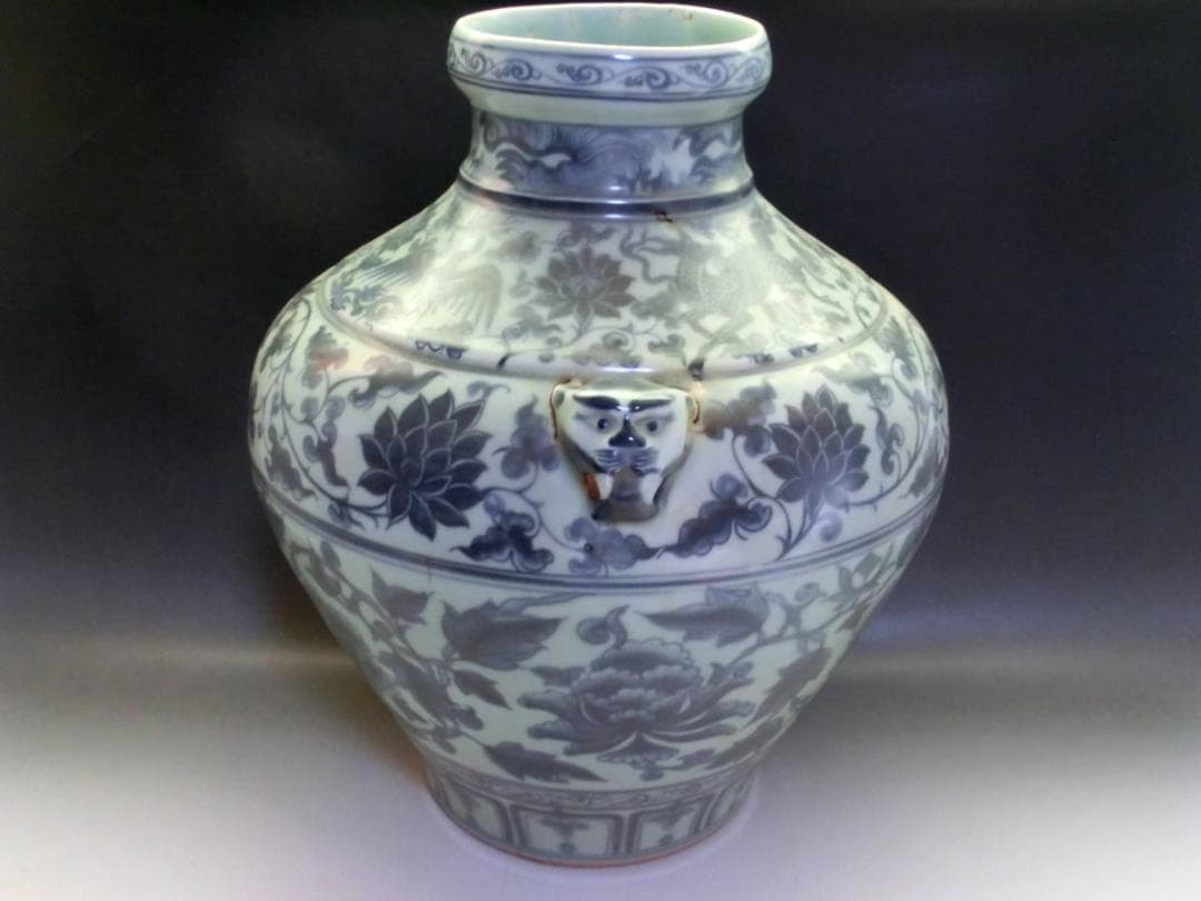 壷■支那青華花唐草紋大壺 染付大瓶 中国 古玩 唐物 花瓶 骨董品 32.6cm