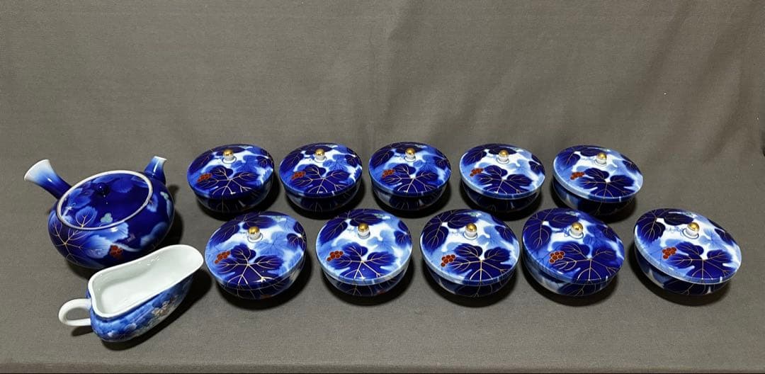 有田焼 深川製磁 染錦葡萄 茶器揃（急須、蓋付き湯呑み，湯冷まし）