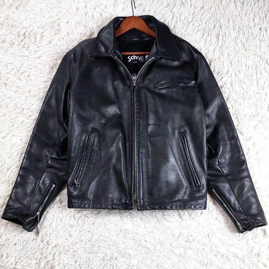 Schott USA製 襟付き ボアライナー レザーライダースジャケット 黒42