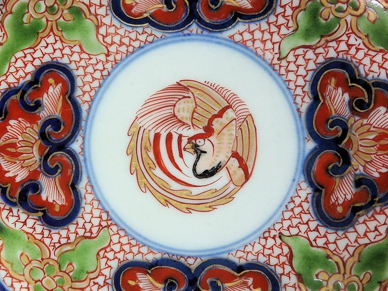 大聖寺伊万里　金襴手鳳凰に毘沙門亀甲紋の図　四方角皿　５枚B249AS-fbbg