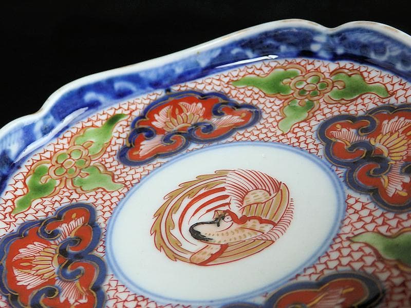 大聖寺伊万里　金襴手鳳凰に毘沙門亀甲紋の図　四方角皿　５枚B249AS-fbbg